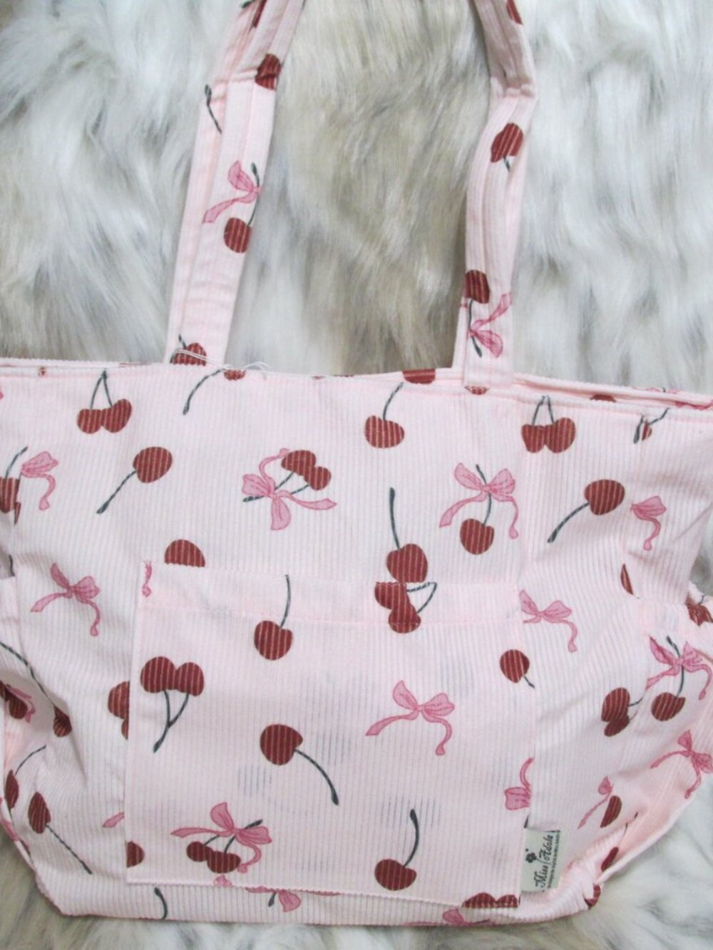 P3298-New Miss Adola Corduroy Pink Cherries & Bibbons Shoulder Bag/Tote